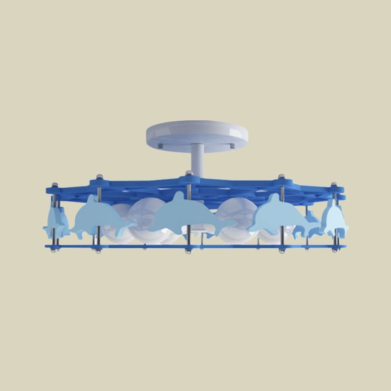 Dolphin Kindergarten Ceiling Light Metal 6 Bulbs Cartoon Semi Flush Mount Lighting in Blue
