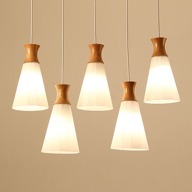 Moderne künstlerische geometrische hängende helle hölzerne Innenlampe mit weißem Glasschatten