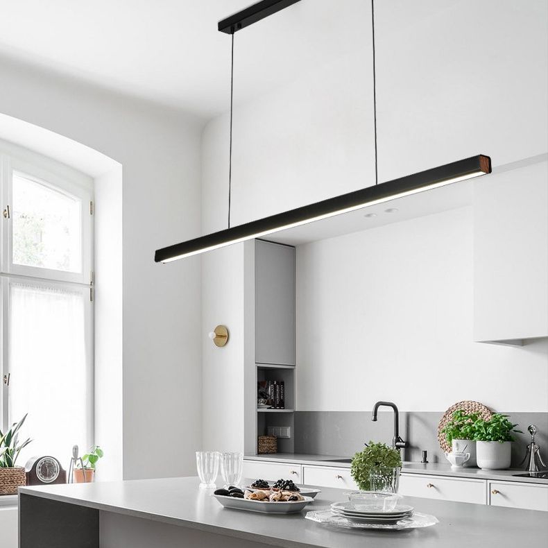 Black Long Strip Minimalism LED Island Light Aluminum + Walnut Nordic Style Suspension Lighting Fixture for Dining Room