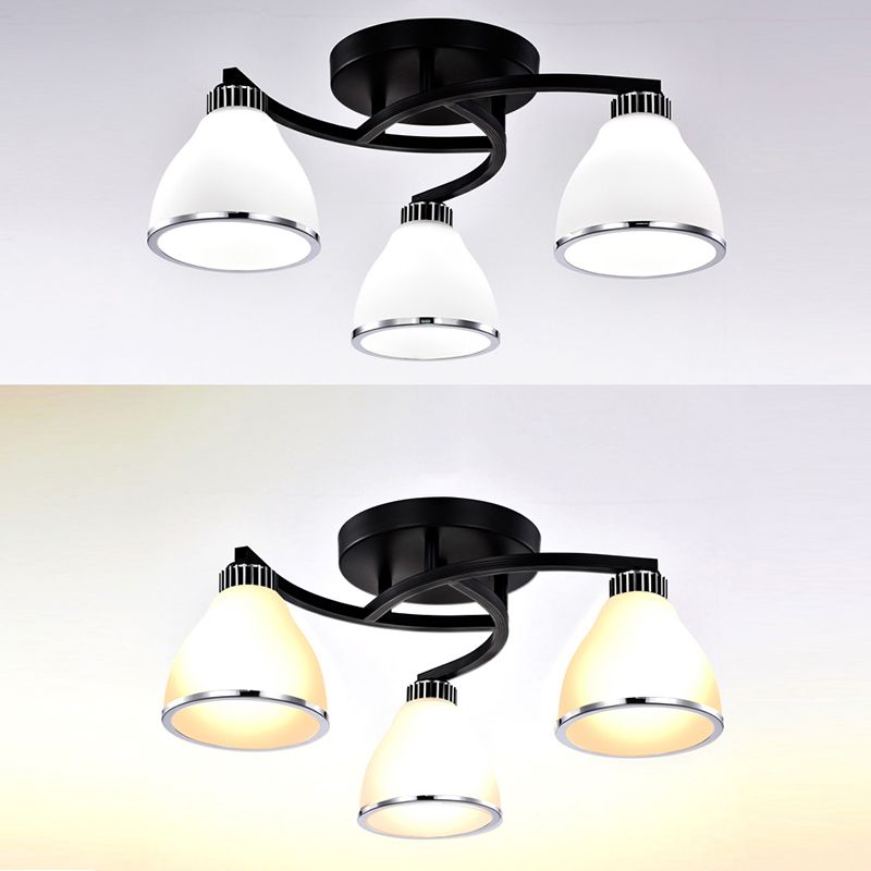 Modern Bell Shaped Flush Lamp White Glass Living Room Semi Flush Ceiling Light in Black