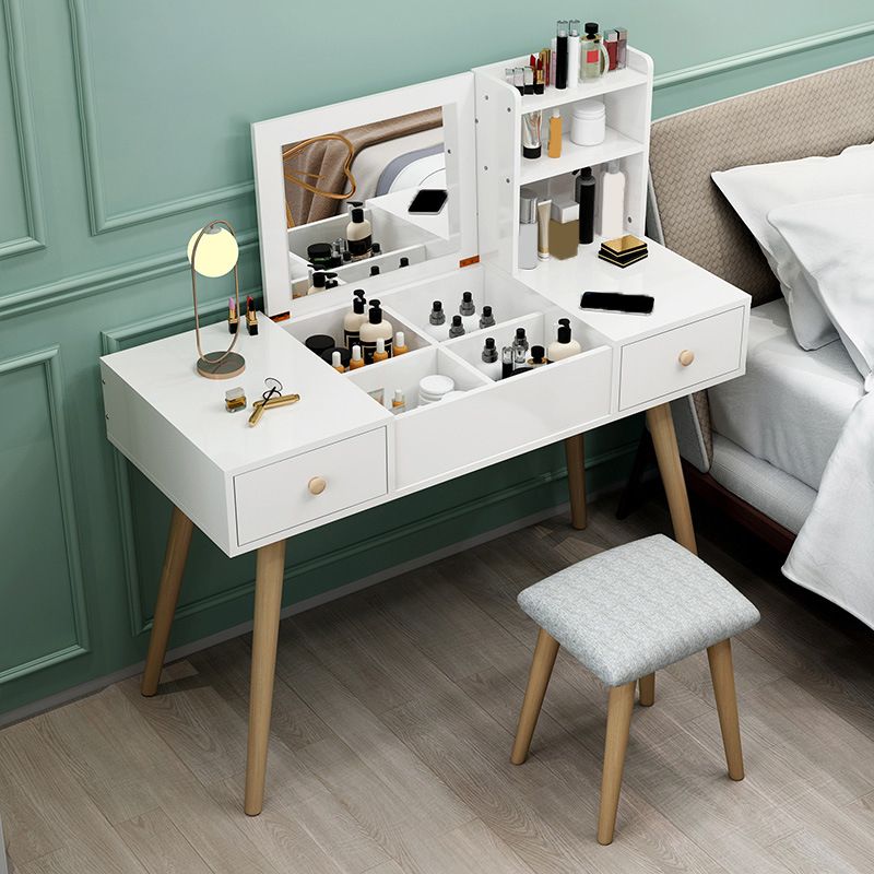 White Wood-based Panel Countertops Solid Wood Legs with Storage Racks and Dressing Tables