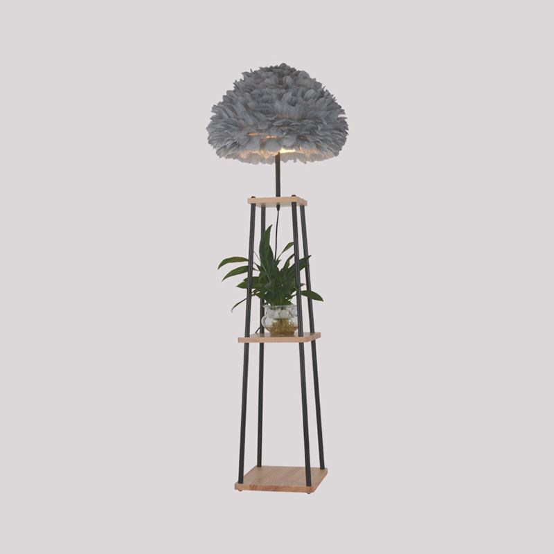 Noordse 2-laags plank Vloer Licht houten enkele woonkamer vloer staande lamp met koepel/trommelveerschaduw in grijs/wit