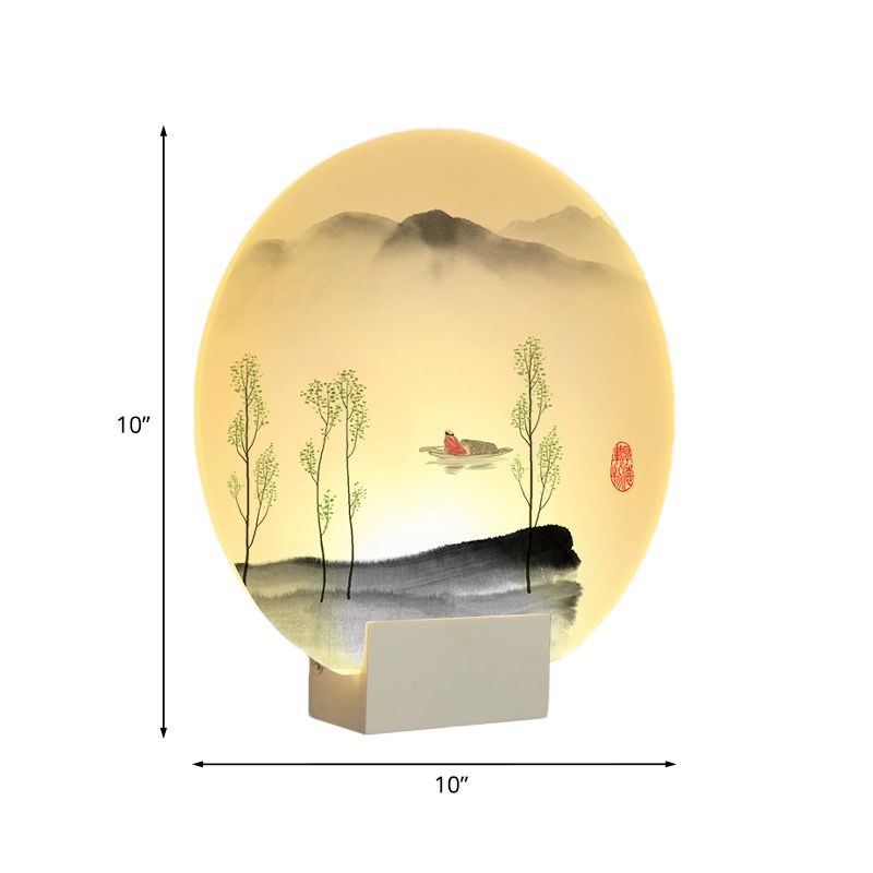 Circular Acrylic Mountain and Boat Mural Lamp Oriental Style LED White Wall Lighting Idea