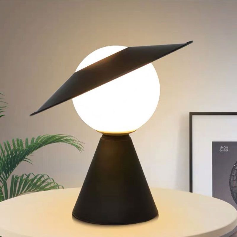 Opal Glass Sphere Small Desk Light Modernist 1 Head Table Lamp with Black/Red Hat Design and Cone Base