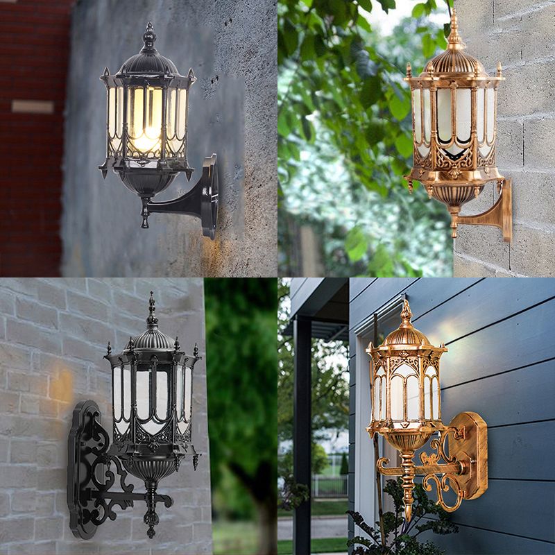 Clear Glass Cylinder Lantern Sconce Retro 1 Bulb Patio Wall Mounted Light Fixture