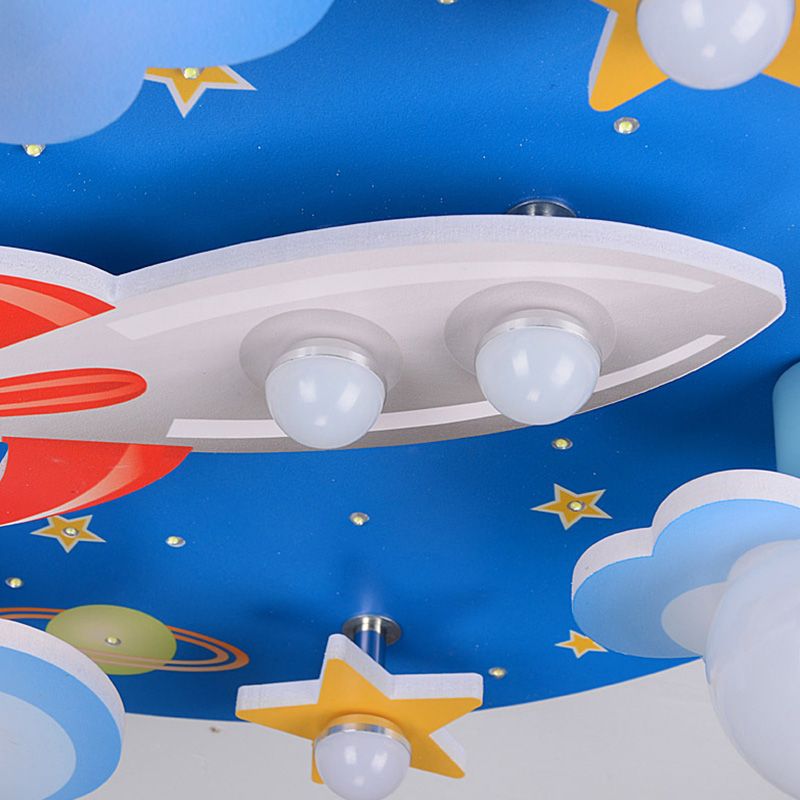 Cloud and Star Wood Flush Mount Lighting Creative 8 Heads Blue Flush Mount Lamp for Bedroom