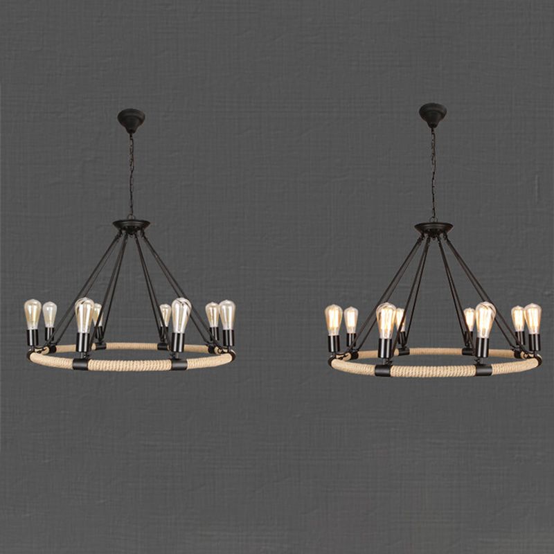 Multi Lights Circle Hemp Rope Chandelier Light Retro Industrial Style Hanging Lighting Fixture for Restaurant Bar