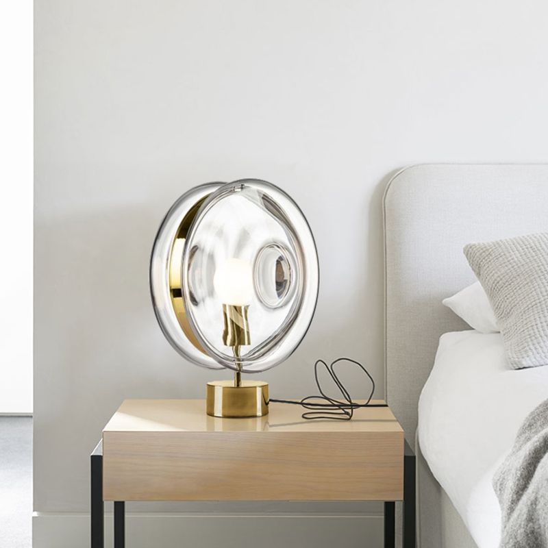Metal Round Nightstand Lighting Minimalism 1-Bulb Gold Night Lamp with Clear Glass Shade
