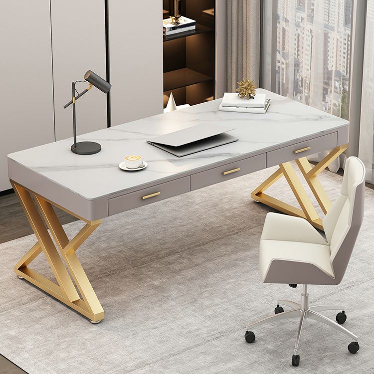 Glam Rectangle Office Desk Antique Finish Computer Desk with Drawers
