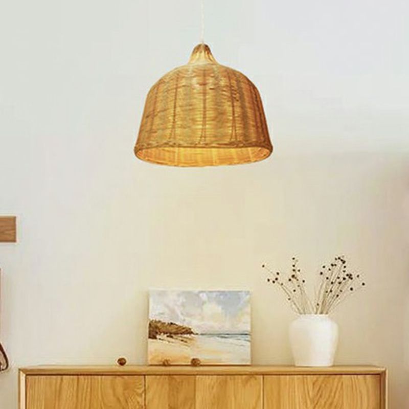 Modern Cloche Shaped Hanging Lamp Bamboo 1-Light Bedroom Ceiling Light Fixture in Wood