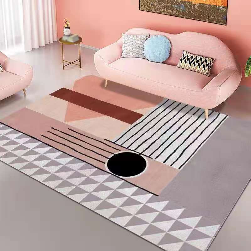 Pink Geometry Pattern Rug Polyester Simple Rug Washable Rug for Living Room