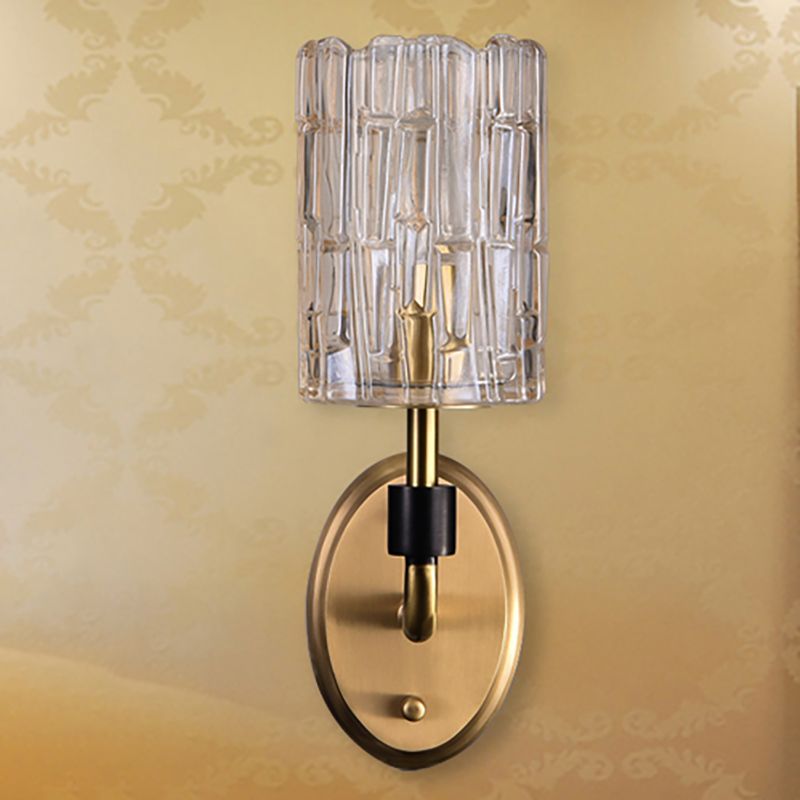1/2-Head Bedside Wall Sconce Contemporary Style Brass Wall Lighting with Cylinder Clear Crystal Shade