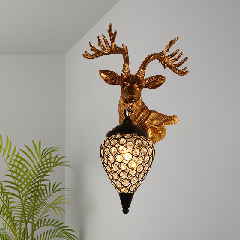 Sika Deer Head Dinette Sconce Ideas Countryside Resin Single Gold Wall Lamp Fixture with Teardrop Crystal Shade, Left/Right
