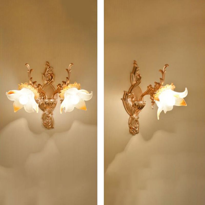 Gold Wall Mount Light Retro Glass Floral Shade Wall Lighting with Hanging Crystal