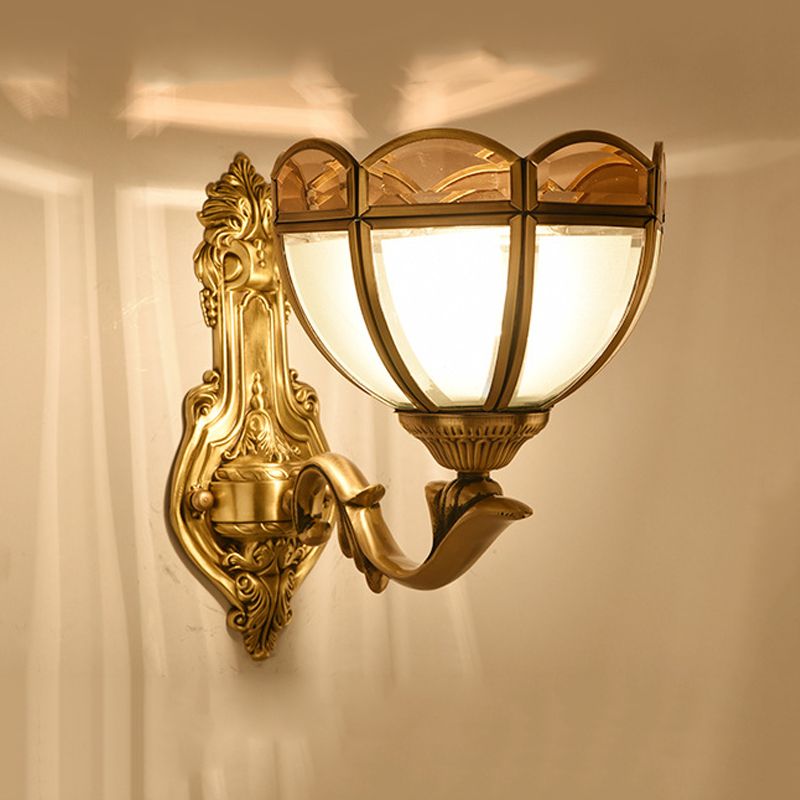 Bowl Translucent Glass Wall Mount Lamp Colonial Style 1/2-Light Bedside Wall Light Sconce in Brass