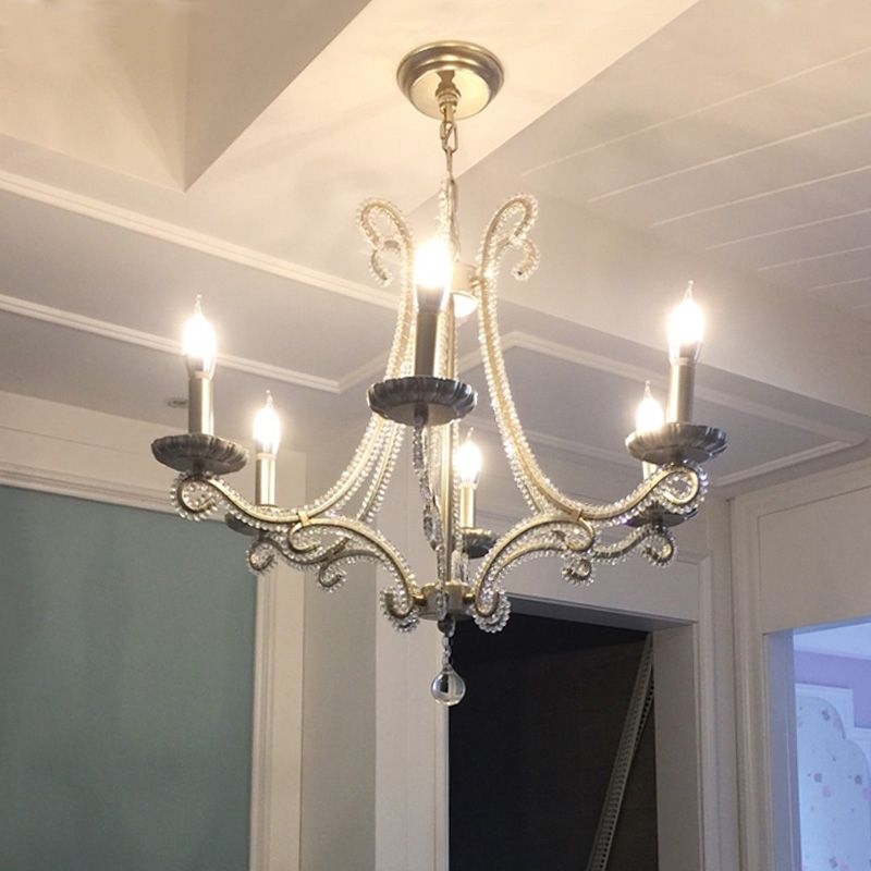 Nickel Finish 6-Bulb Ceiling Pendant Light Traditional Metal Candle Chandelier with Crystal Bead