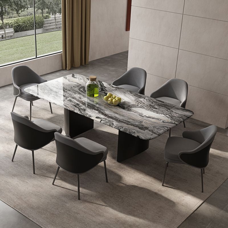 Simplicity Style Rectangle Marble Fixed Dinner Table with Double Pedestal