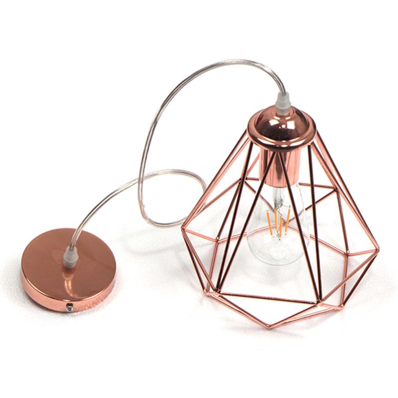 Electroplated Rose Gold Hanging Light Iron Cage Shade Industrial Style Single Bulb Lighting Fixture for Bedroom