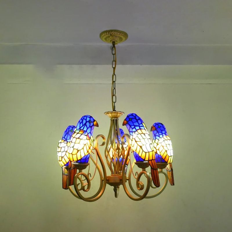 Parrot Hanging Chandelier Tiffany-Style Stained Art Glass Hanging Pendant Light