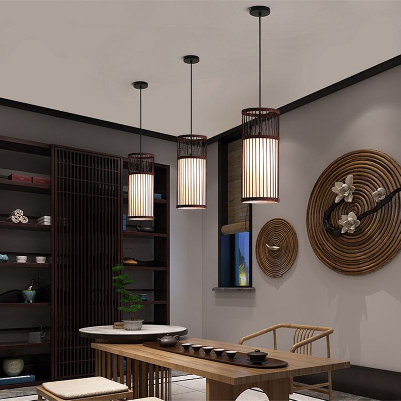 Einfacher 1-Licht-Anhänger Licht, Zylinder Bambuskäfig Schatten Anhängerlampe für das Restaurant