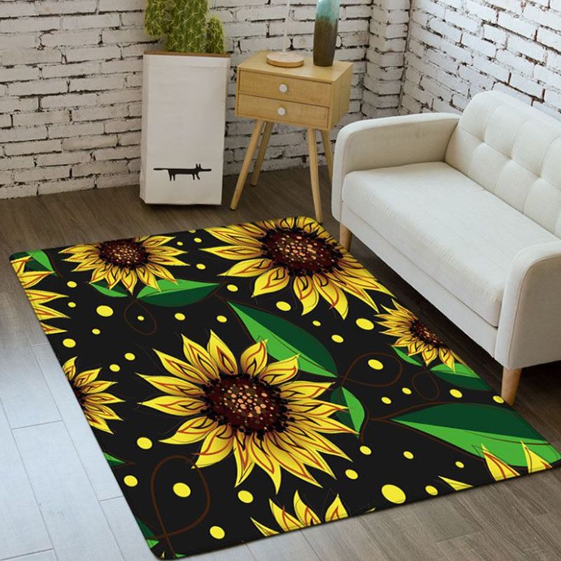 Black Modern Carpet Polyester Flowers Carpet Washable Carpet for Living Room