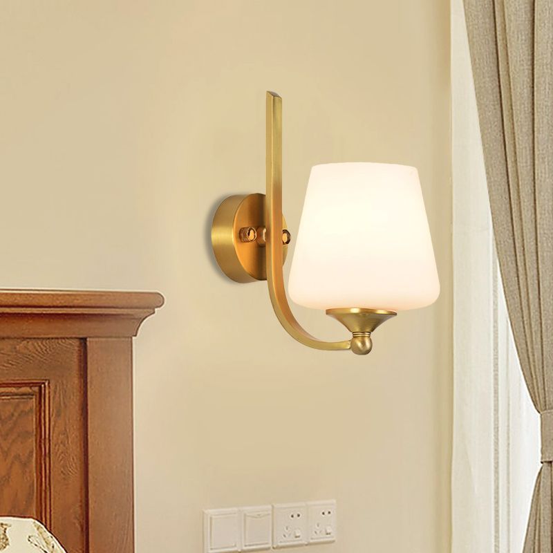 1 Bulb Sconce Lighting with Tapered Shade Milk Glass Modern Stylish Bedroom Wall Lamp in Brass
