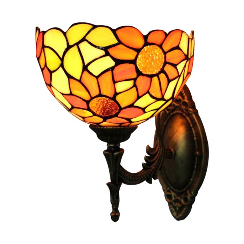 Stained Glass Sunflower Wall Sconce Kitchen 1 Head Rustic Tiffany Wall Lamp in Orange