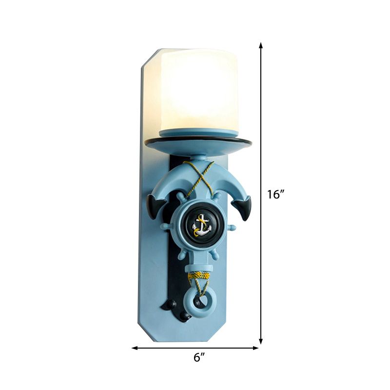 1 Head Indoor Wall Sconce Lamp Nautical Style Blue/White Wall Lighting with Cylinder Opal Glass Shade and Anchor Design
