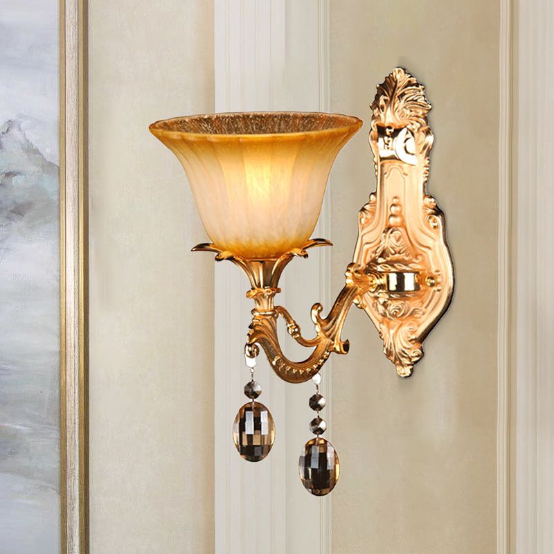 1 Head Amber Glass Sconce Light Traditional Brass Flower Bedroom Wall Mounted Light