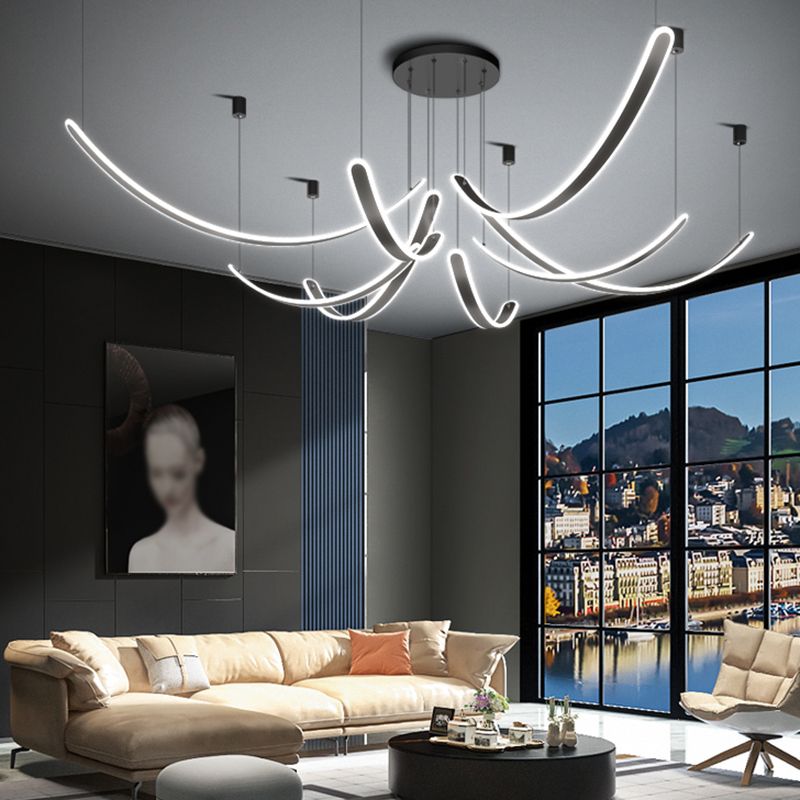 Curved LED Chandelier Minimalist Metal Living Room Villa Hanging Light in Black