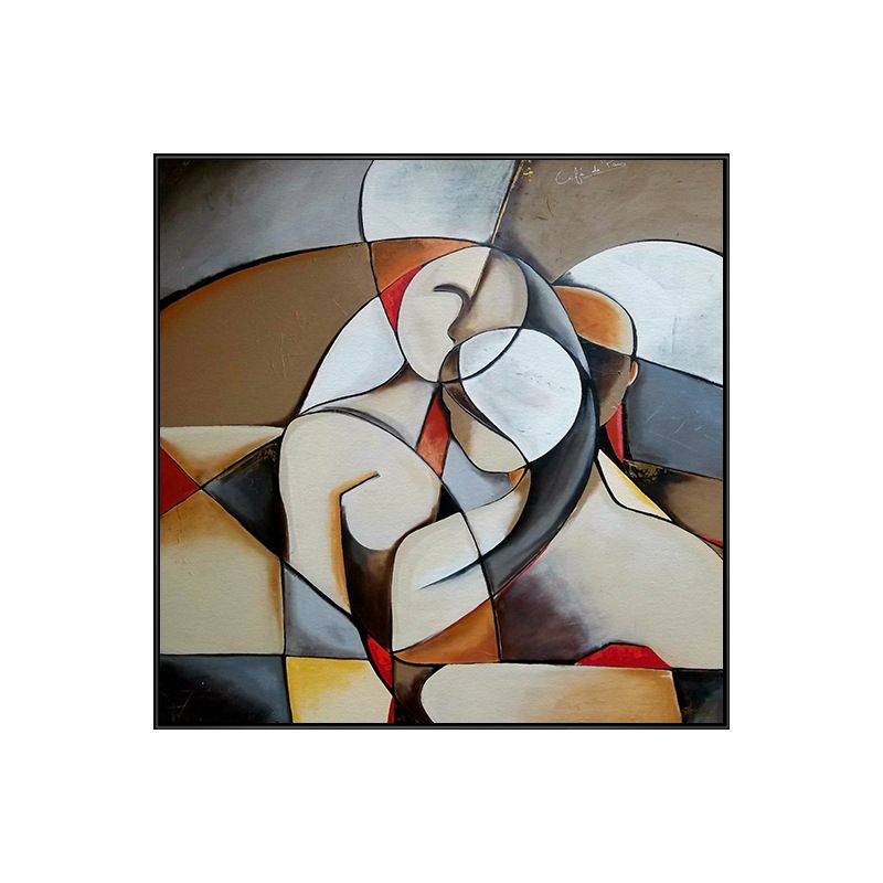 Textured Khaki Canvas Modern Art Half-Awake Lovers Painting Wall Decor for Bedroom