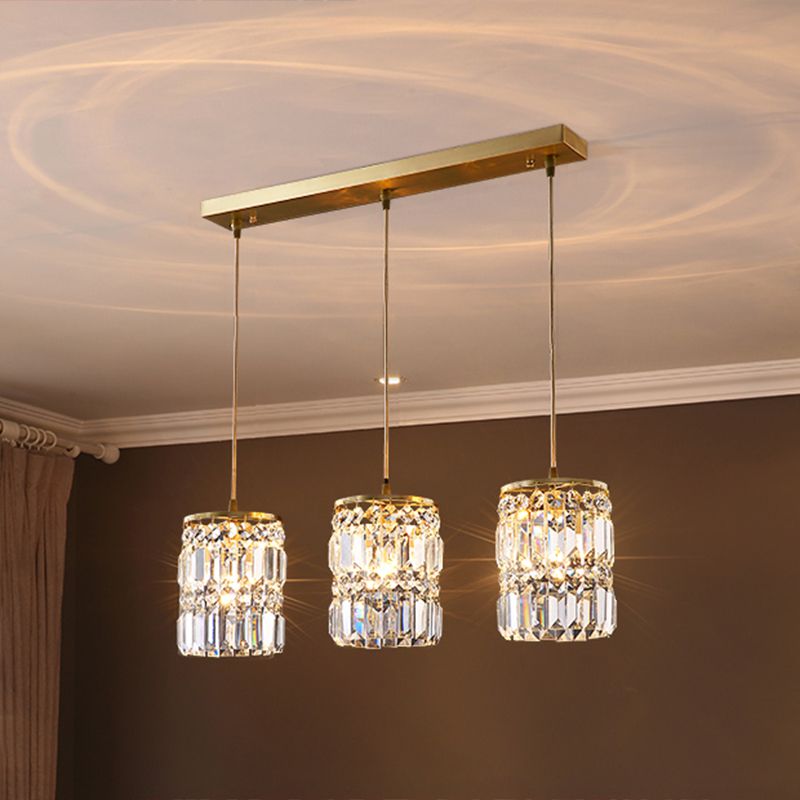 Crystal Cylindrical Multi Light Pendant Minimalist 3-Light Gold Hanging Light Fixture for Dining Room
