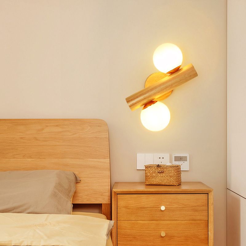 Contemporary Wood Wall Light White Glass Shaded Lighting for Hallway