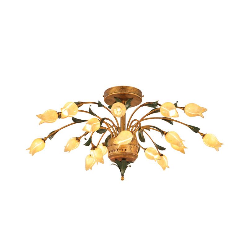 Tulip Living Room Ceiling Lamp Pastoral Style Metal 18 Bulbs Brass LED Semi Flush Mount Lighting