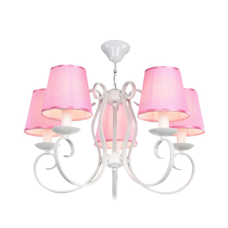 Minimalism Barrel Ceiling Chandelier Fabric 5 Lights Bedroom Hanging Light Fixture in Pink