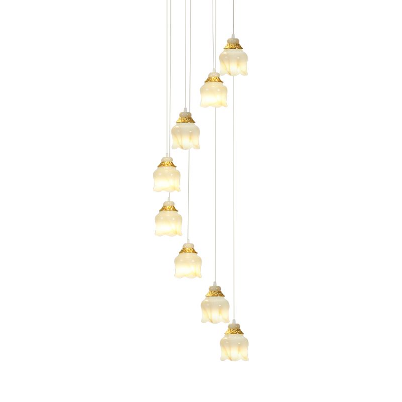 White Glass Floral Cluster Pendant Light Modernism 8 Lights Stair Hanging Lamp in Gold