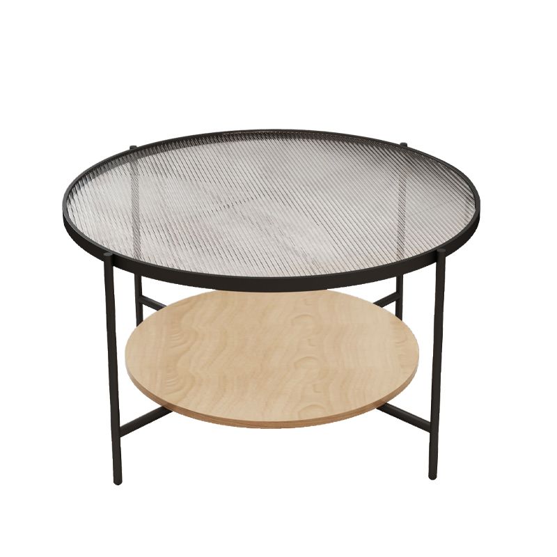 17.7" H Modern Round Glass Coffee Table Steel 4 Legs Cocktail Table with Shelf