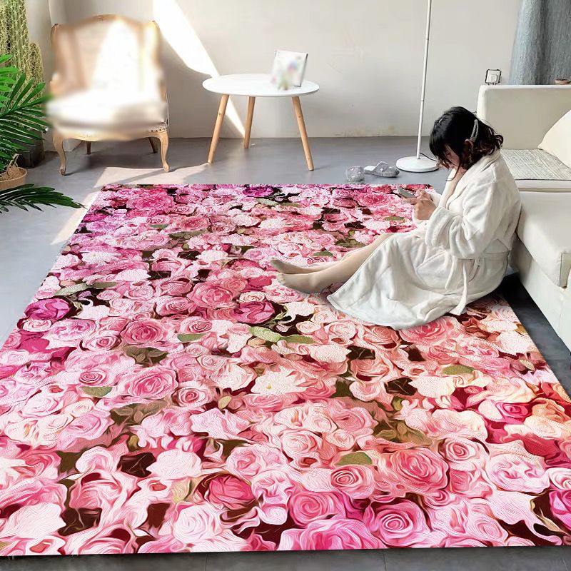 Red Living Room Area Rug Modern Floral Pattern Polyester Area Carpet Easy Care Washable Rug