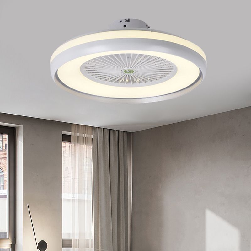Round Bedroom Semi Flush Light Fixture Contemporary Acrylic Grey/Dark Coffee/Champagne 23.5" Wide LED Hanging Fan Lamp, 5 Blades
