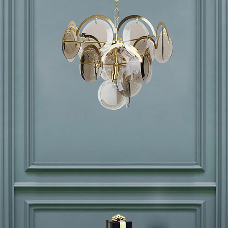 Modern Style Chandelier Light Fixture Round Shape Glass Hanging Light in Smoky Gray