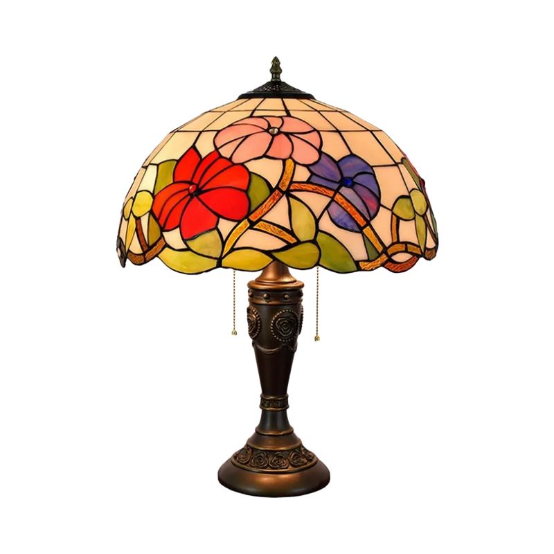 Lampe de nuit en verre rouge / orange en dôme Tiffany 2 lumières Bronze Pull Chain Table Lighling avec base sculptée