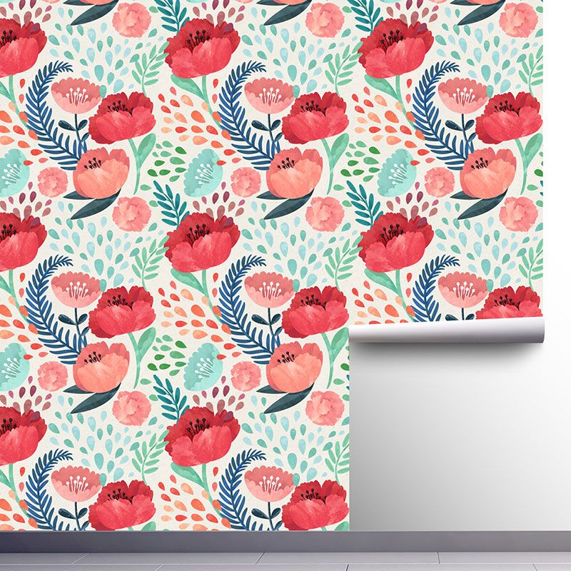 Watercolors of Flower Wallpaper Roll for Accent Wall in Green and Red, Easy to Remove, 29.1 sq ft.