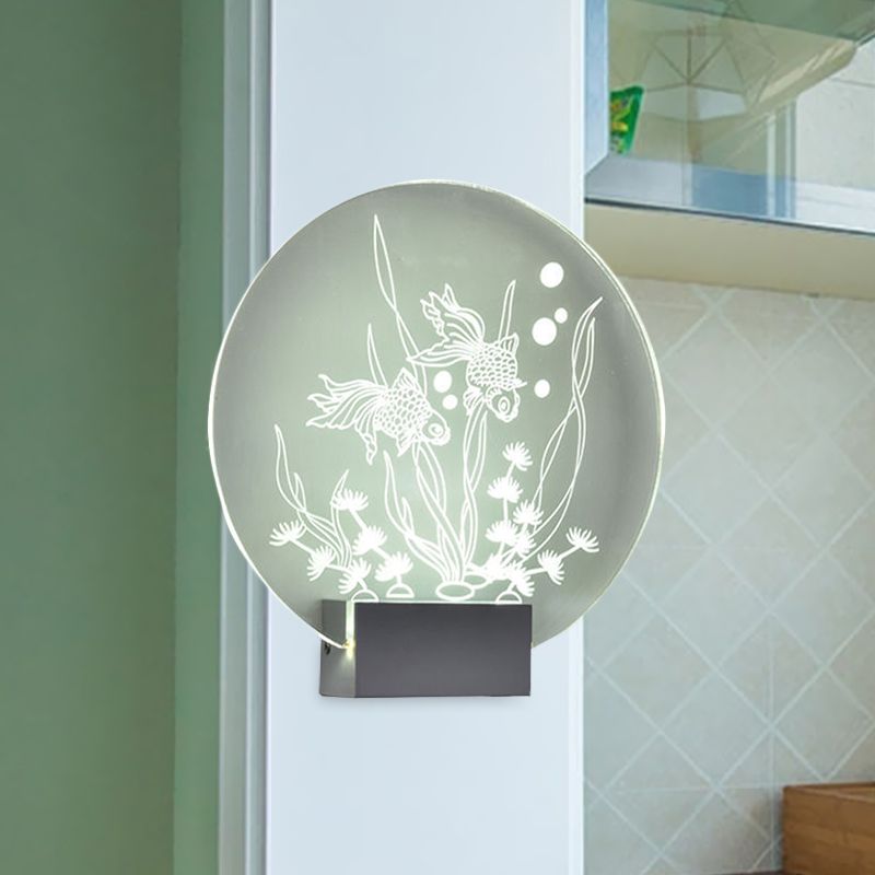 Clear Rounded Fish and Coral Wall Mural Light Asia Style LED Acrylic Wall Lamp for Bedroom