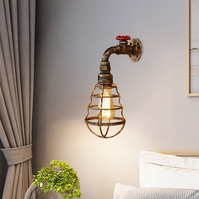 1 cage de tête en forme de bulbe de lampe murale de lampe à la ferme en bronze vieilli en bronze en bronze applique murale avec roue de soupape