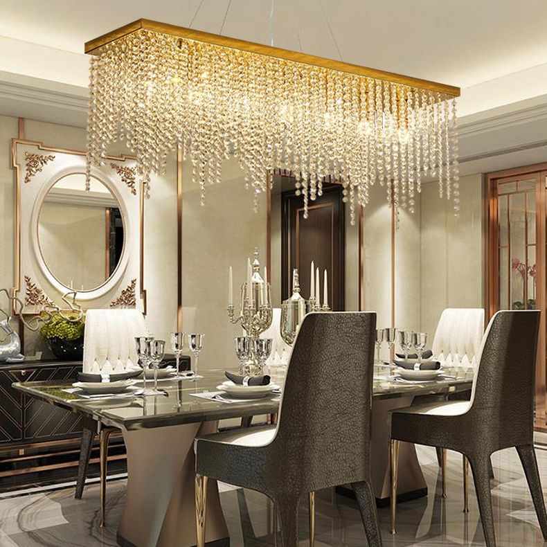 Rectangle Crystal Tassel Island Light Contemporary Style Lighting Fixture in Gold for Dining Room
