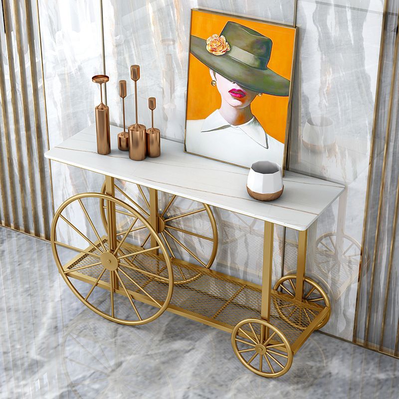30.32" Tall Wheel Console Table Stone Accent Table with 2 Shelves