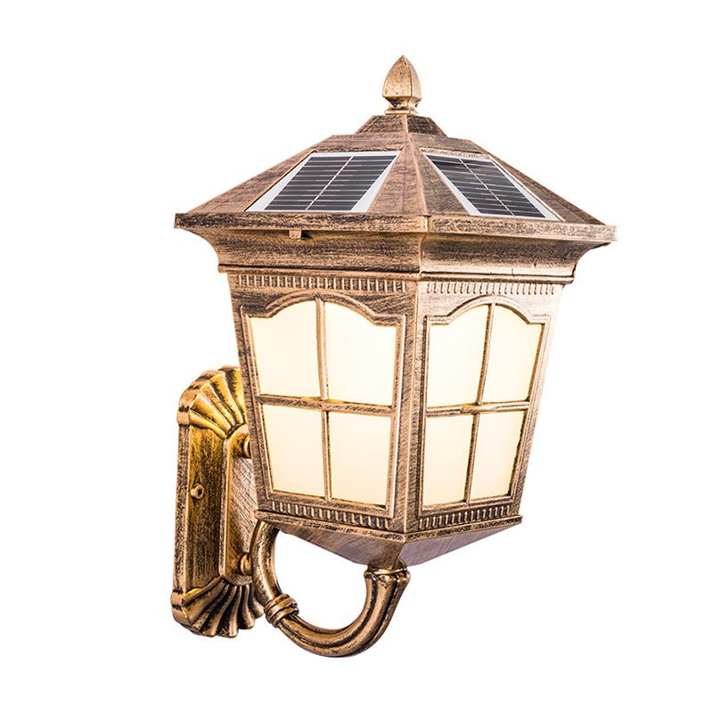 Antiqued Style House Lantern Wall Light Frosted Glass Solar LED Wall Sconce in Brass, Small/Large