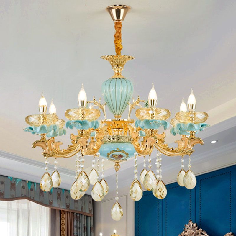 Flache Schüssel Wohnzimmer Kronleuchter Bernsteinkristall moderner Keramik Pendellichtes Licht in Gold