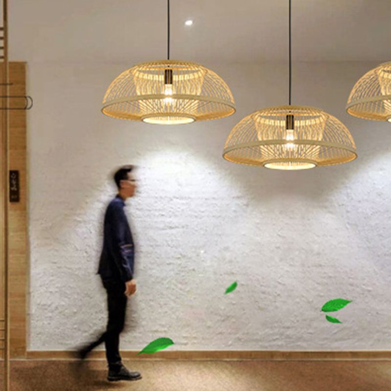 1-Light Bamboo Japanese Pendant Light Beige Down Lighting for Dining Room