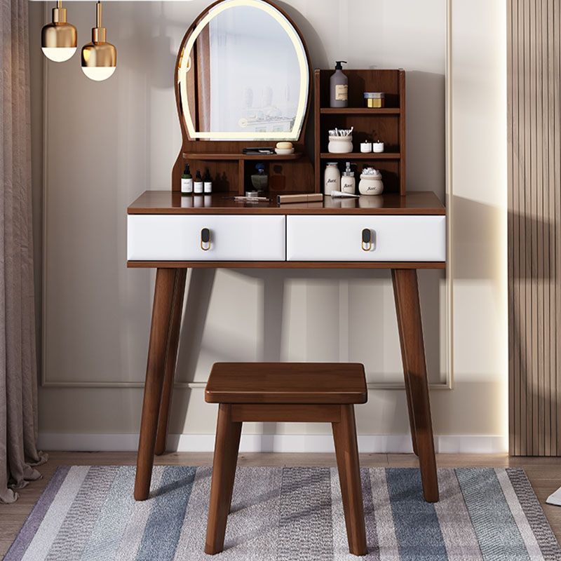 Mirror Table Dressing Table Solid Wood Make-up Vanity with 2-Drawers